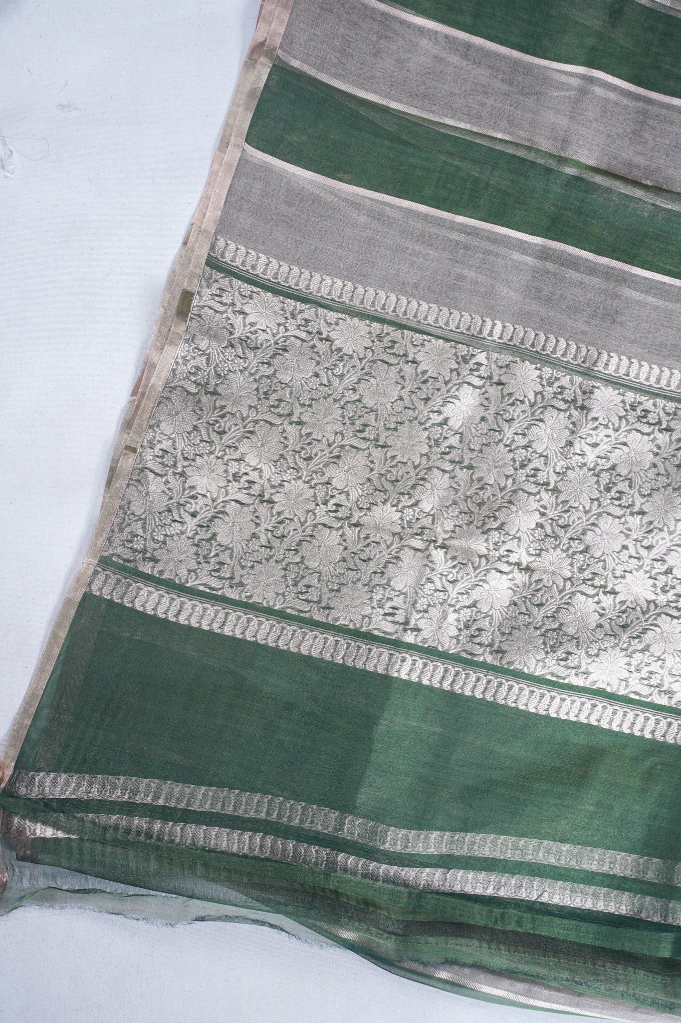 Green and silver Pure Tissue Silk Handloom Saree