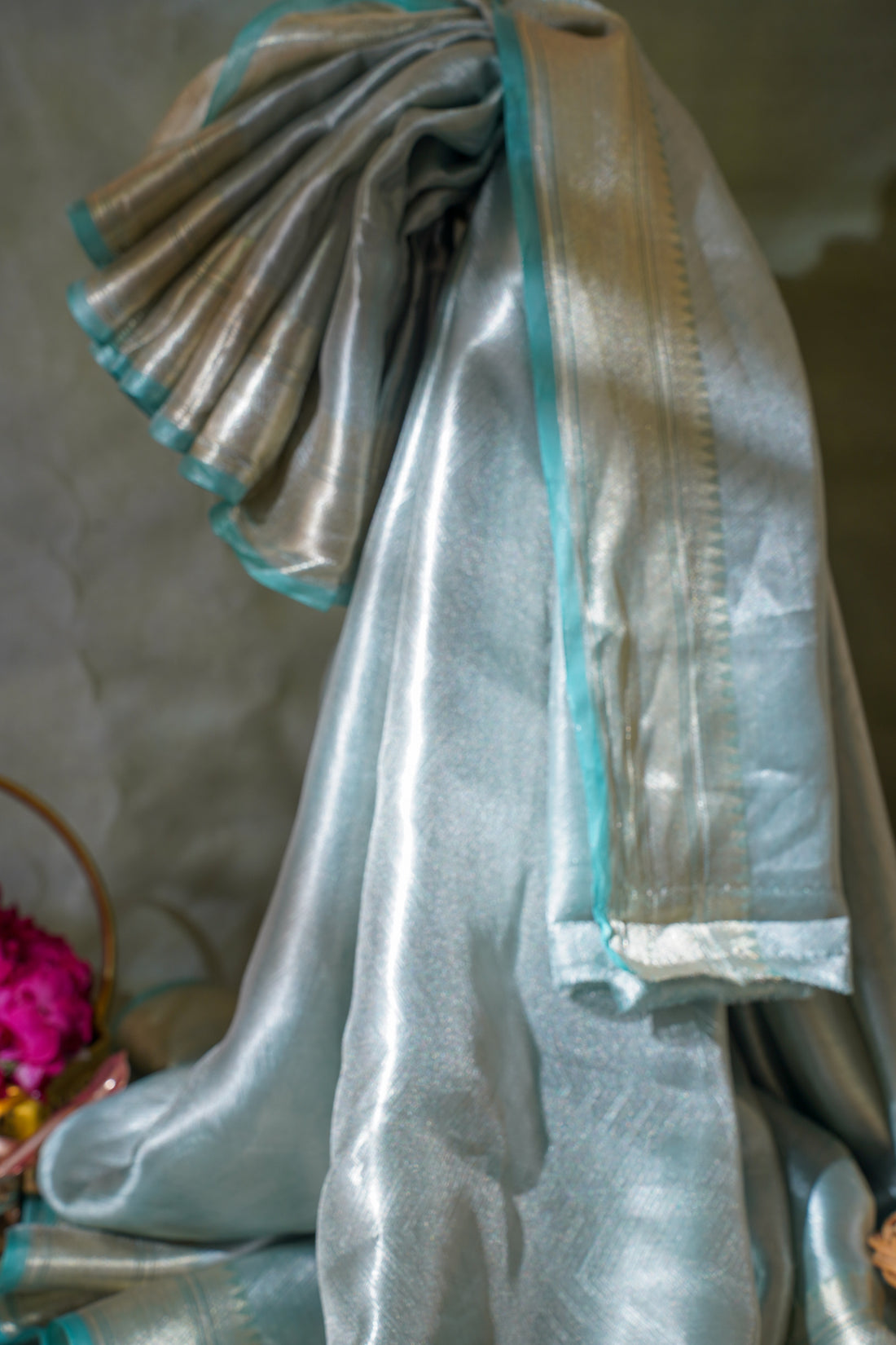 Pure Tissue Molten Gold Handwoven Saree with Aqua Border &amp; Pallu