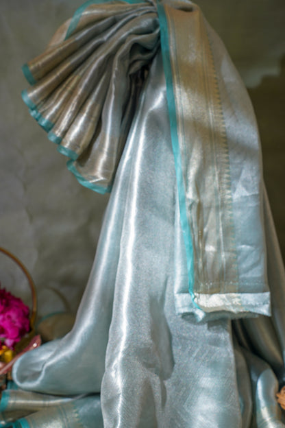 Pure Tissue Molten Gold Handwoven Saree with Aqua Border &amp; Pallu