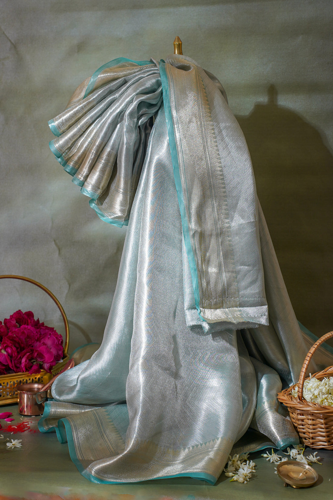 Pure Tissue Molten Gold Handwoven Saree with Aqua Border &amp; Pallu