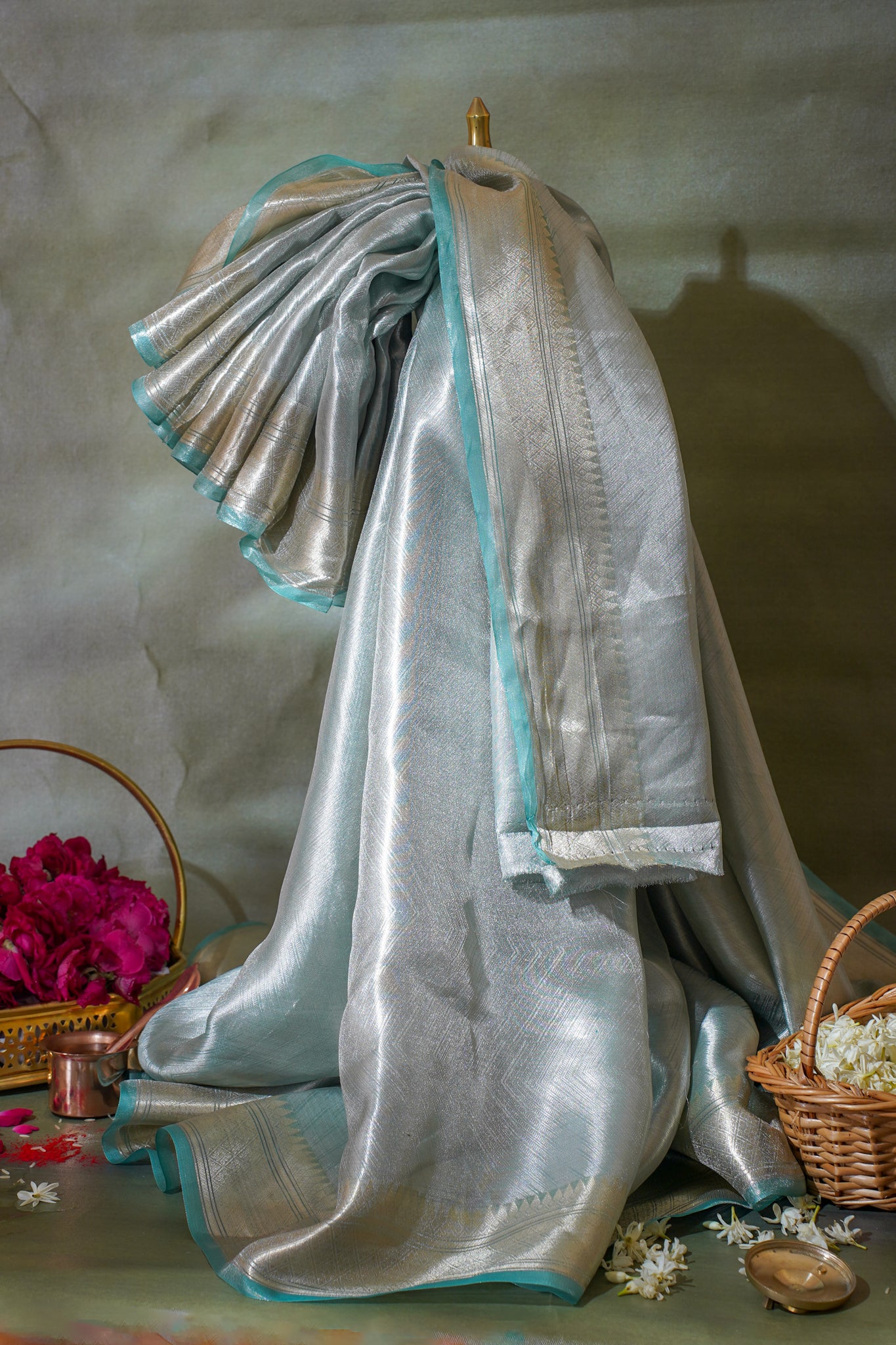 Pure Tissue Molten Gold Handwoven Saree with Aqua Border &amp; Pallu