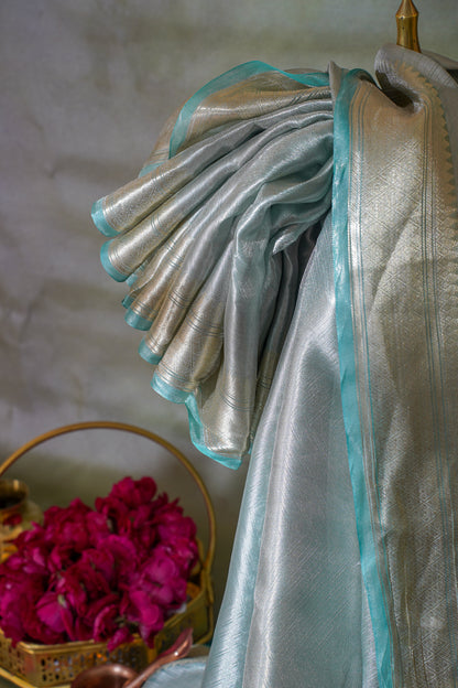 Pure Tissue Molten Gold Handwoven Saree with Aqua Border &amp; Pallu