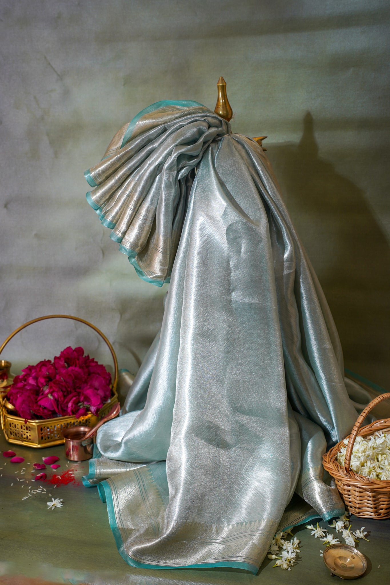 Pure Tissue Molten Gold Handwoven Saree with Aqua Border &amp; Pallu