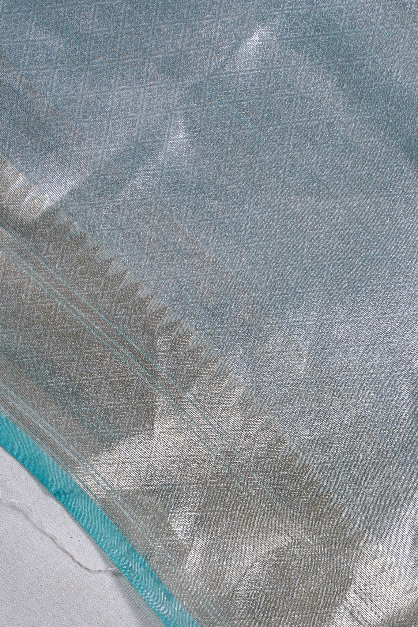 Pure Tissue Molten Gold Handwoven Saree with Aqua Border &amp; Pallu