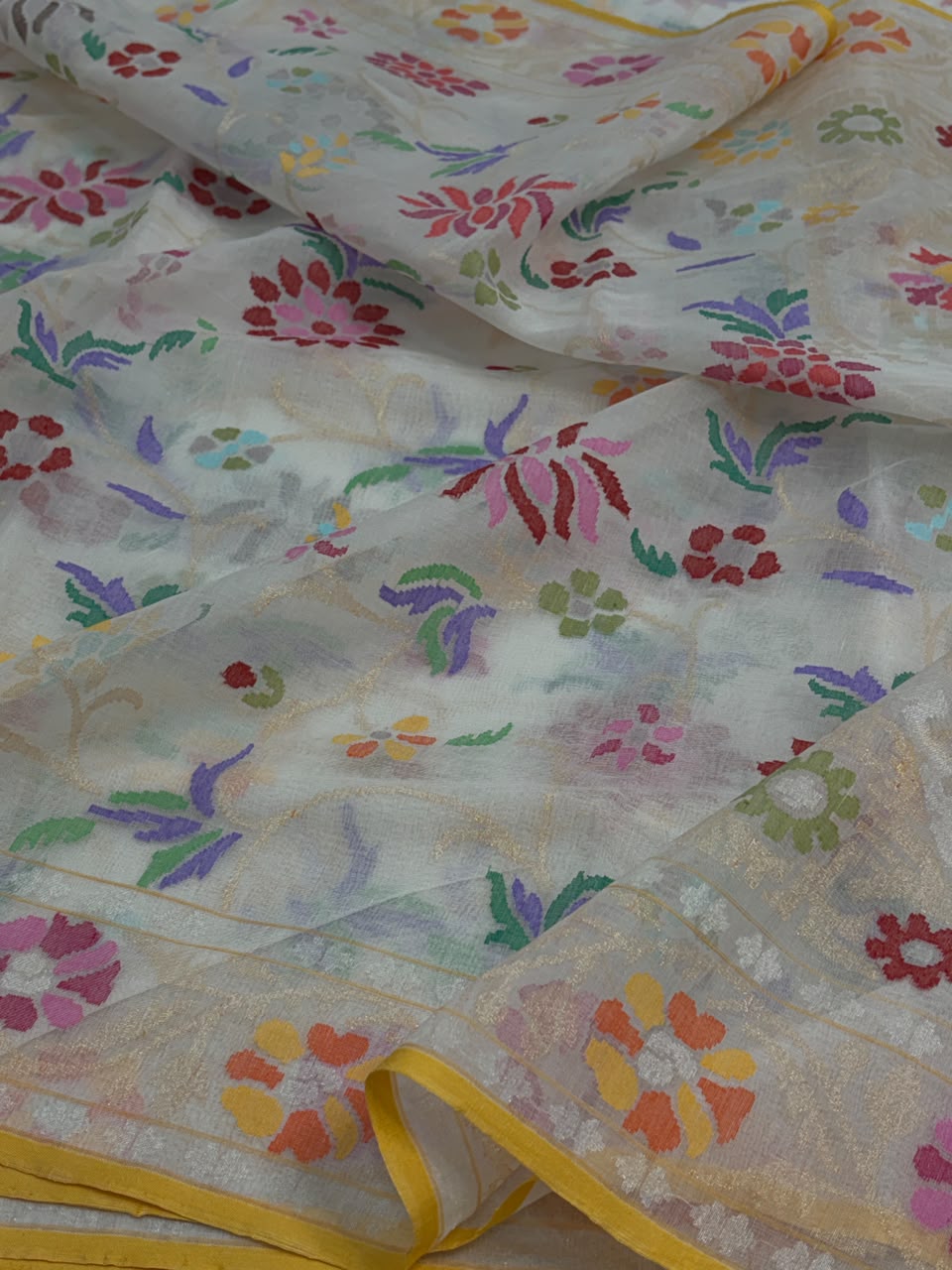 Ivory Handwoven Real Zari Cotton Jamdani Saree