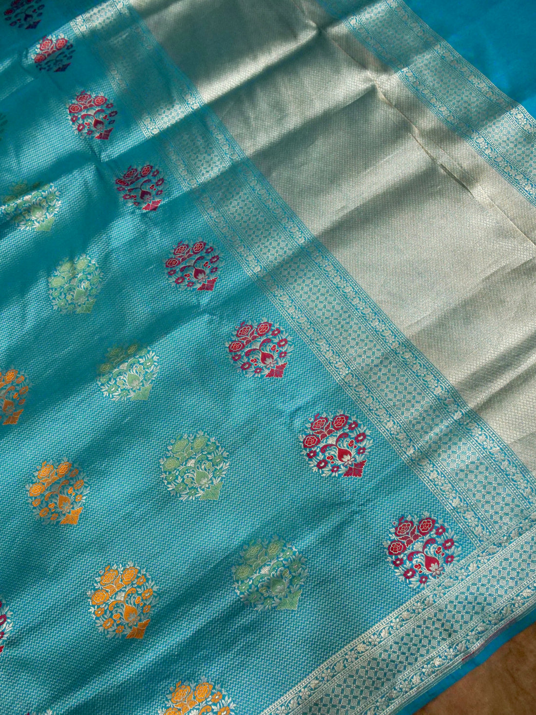 Teal Blue Handwoven Banarasi Pure Katan Silk Meenakari Brocade Saree