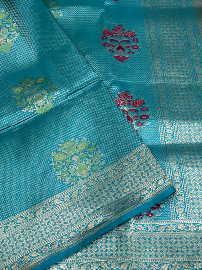 Teal Blue Handwoven Banarasi Pure Katan Silk Meenakari Brocade Saree