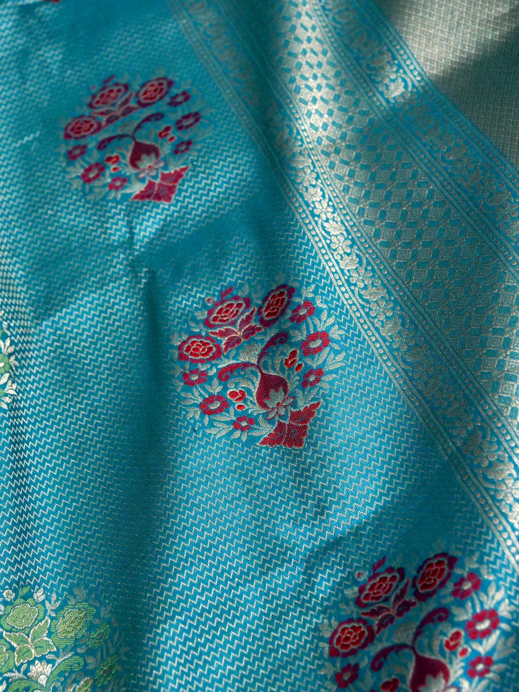 Teal Blue Handwoven Banarasi Pure Katan Silk Meenakari Brocade Saree
