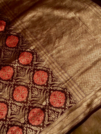 Wine Handwoven Banarasi Pure Katan Silk Meenakari Brocade Saree