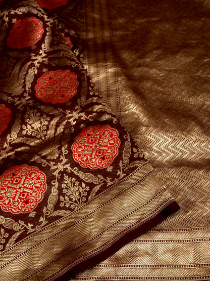 Wine Handwoven Banarasi Pure Katan Silk Meenakari Brocade Saree