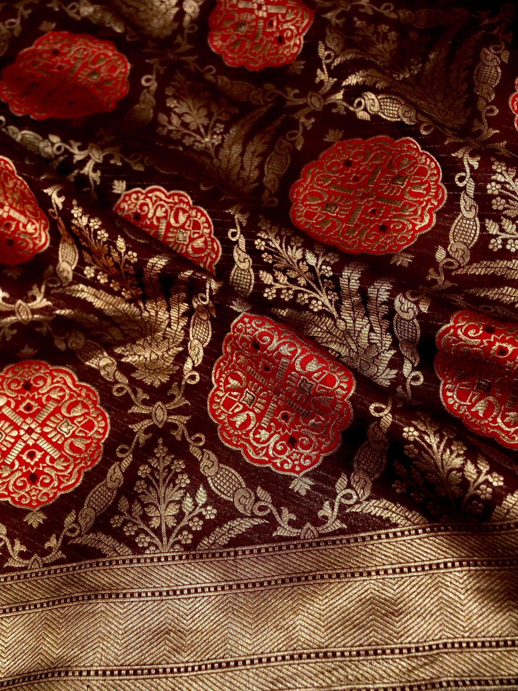 Wine Handwoven Banarasi Pure Katan Silk Meenakari Brocade Saree