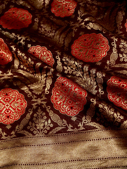 Wine Handwoven Banarasi Pure Katan Silk Meenakari Brocade Saree