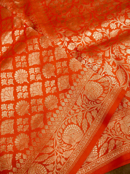 Orange Handloom Pure Katan Silk Banarasi Brocade Saree