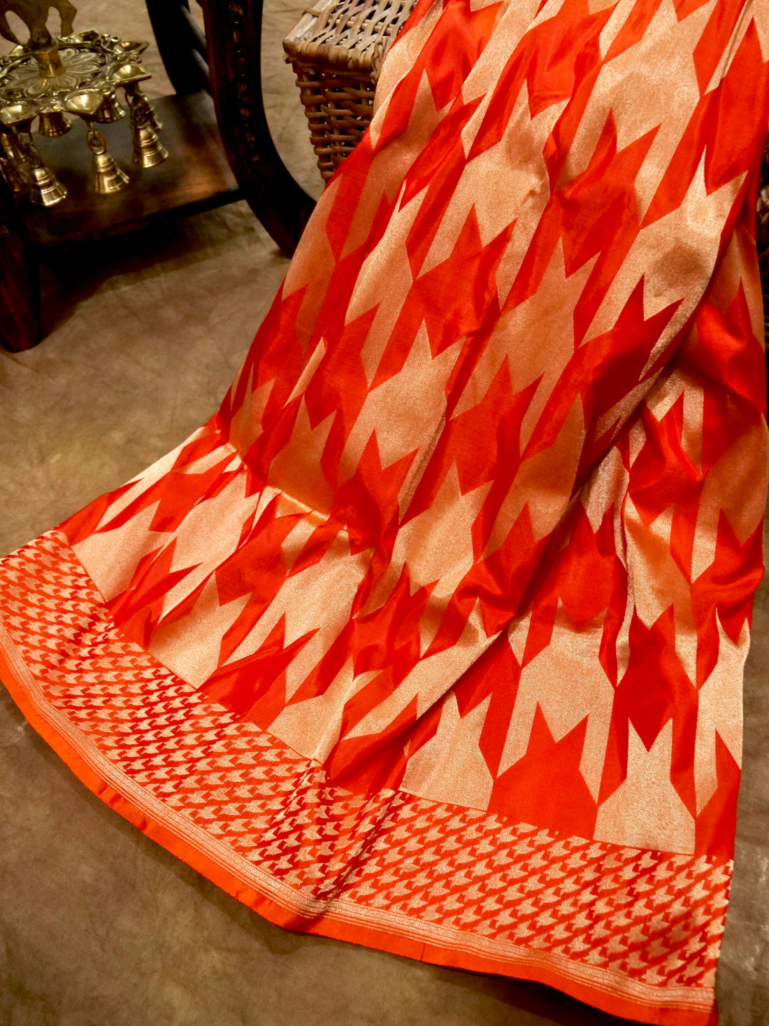 Reddish-Orange Handloom Pure Katan Silk Banarasi Brocade Saree