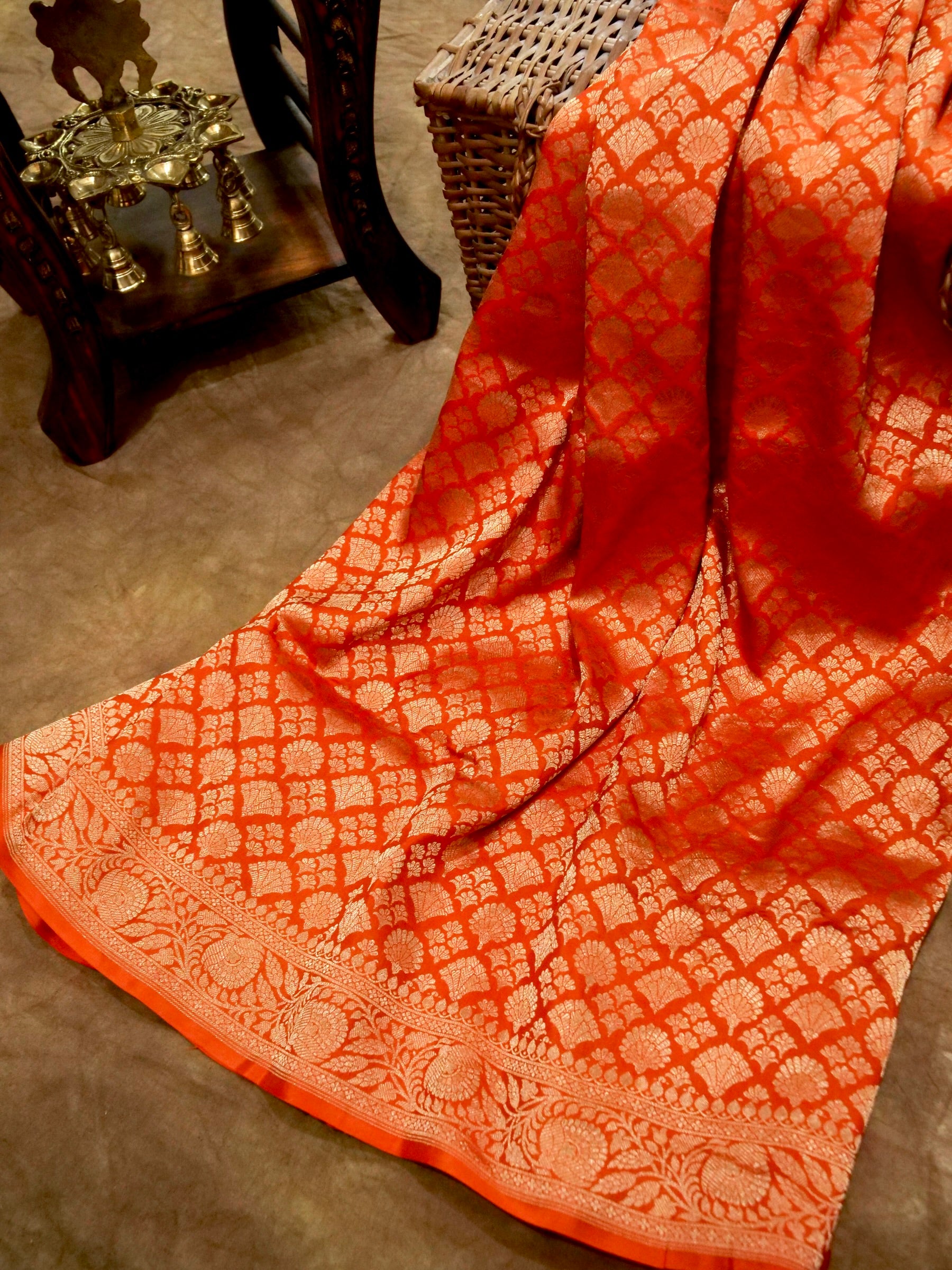 Orange Handloom Pure Katan Silk Banarasi Brocade Saree