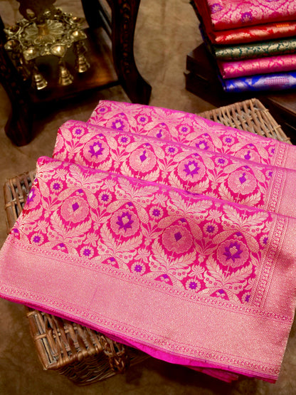 Pink Handwoven Banarasi Pure Katan Silk Meenakari Brocade Saree