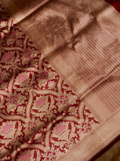 Maroon Handwoven Banarasi Pure Katan Silk Meenakari Brocade Saree