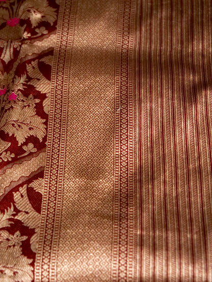 Maroon Handwoven Banarasi Pure Katan Silk Meenakari Brocade Saree
