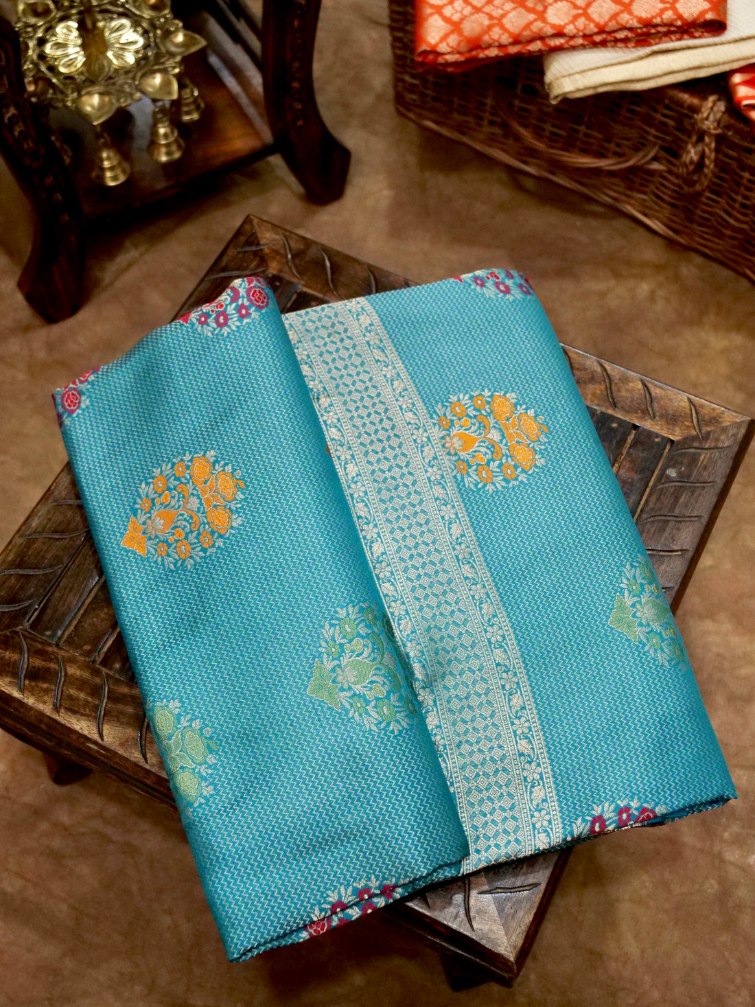 Teal Blue Handwoven Banarasi Pure Katan Silk Meenakari Brocade Saree
