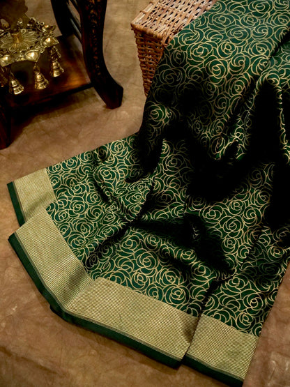 Bottle Green Handloom Pure Katan Silk Banarasi Brocade Saree