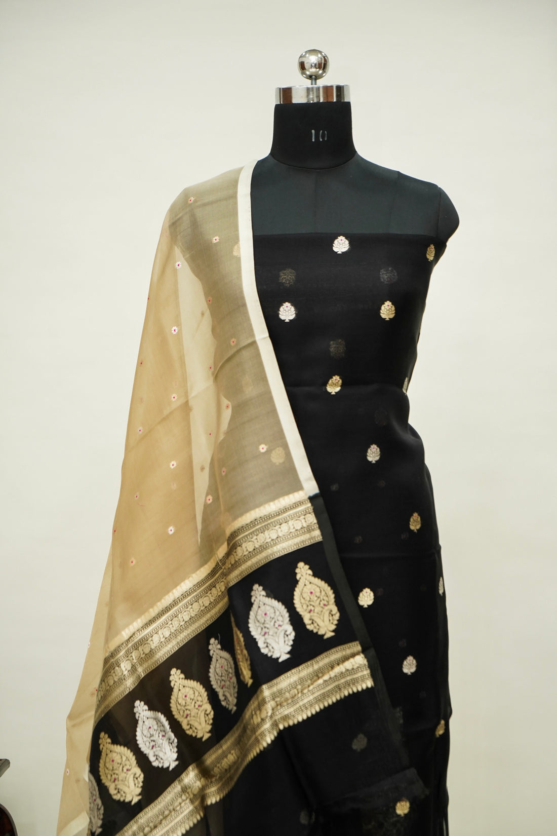 Black Handwoven Organza Suit with Beige Dupatta