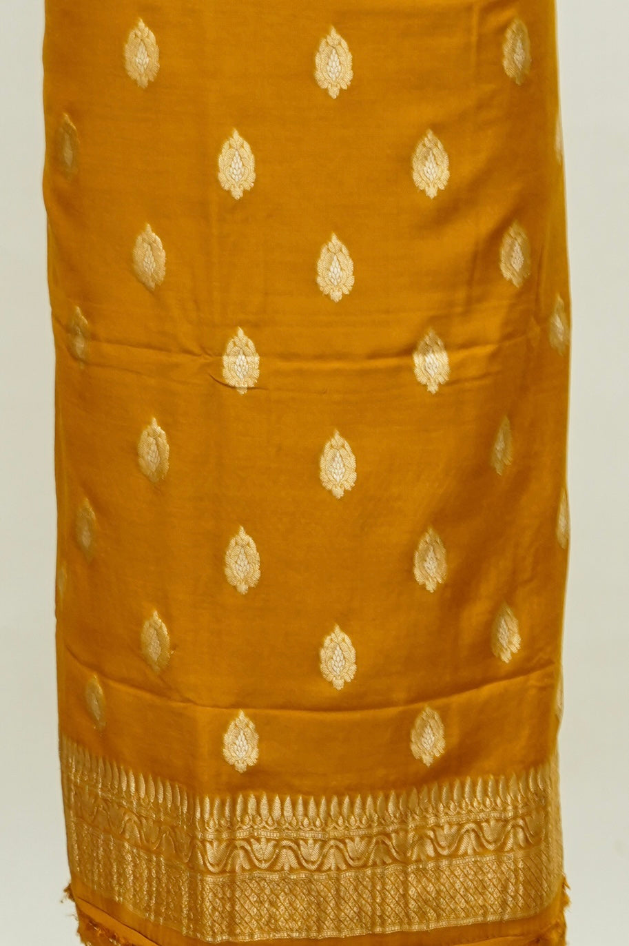 Mustard Handwoven Banarasi Pure Katan Silk Suit with Purple Dupatta