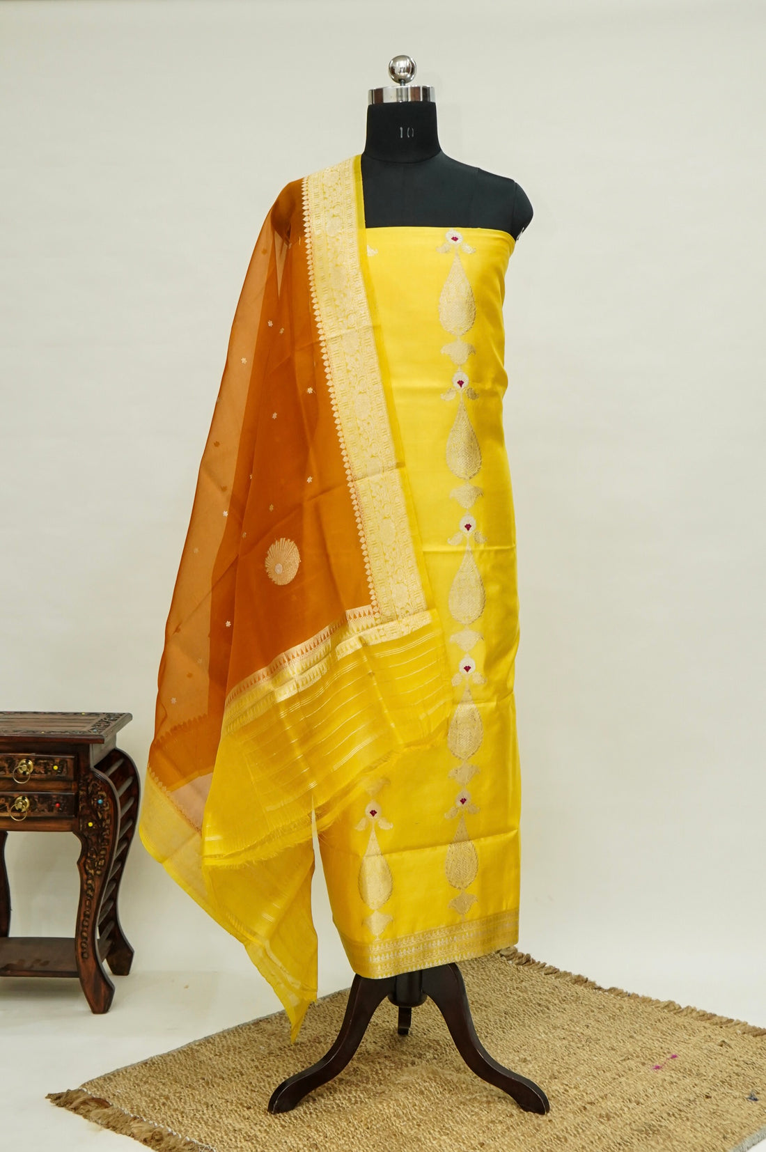 Yellow Handwoven Banarasi Pure Katan Silk Designer Suit with Orange Dupatta