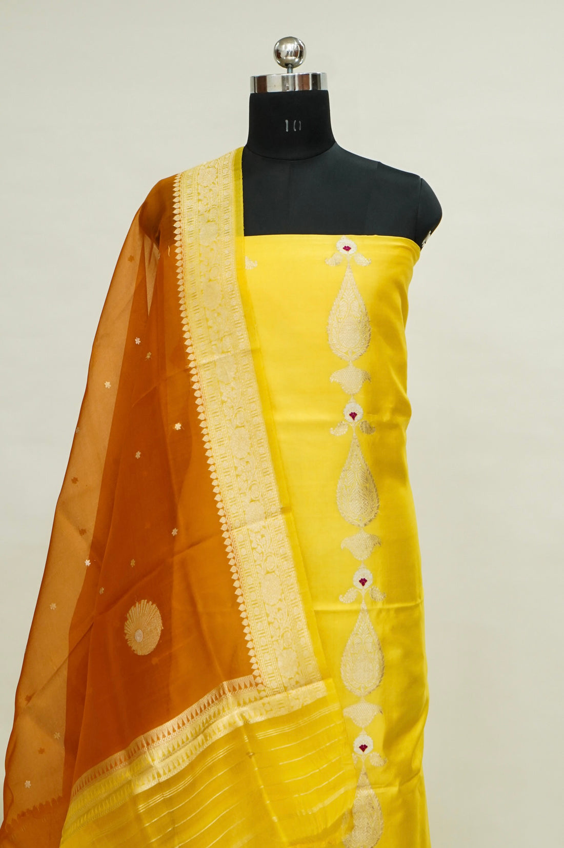 Yellow Handwoven Banarasi Pure Katan Silk Designer Suit with Orange Dupatta