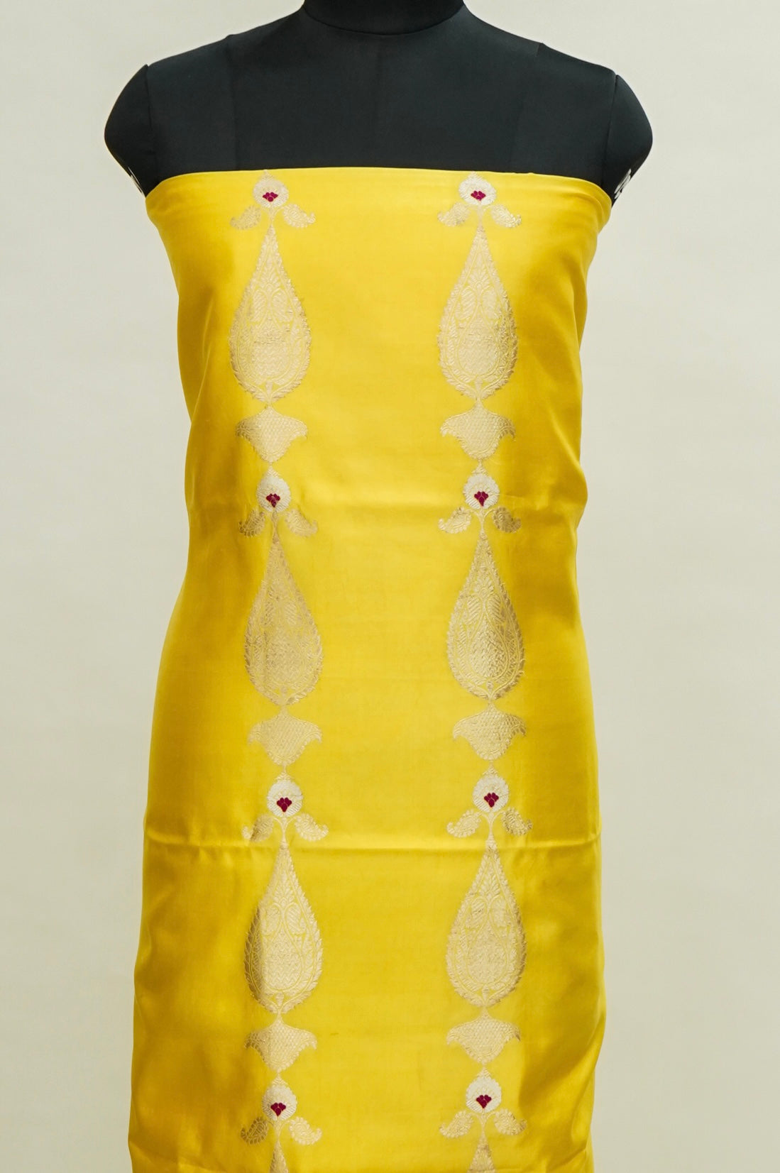 Yellow Handwoven Banarasi Pure Katan Silk Designer Suit with Orange Dupatta