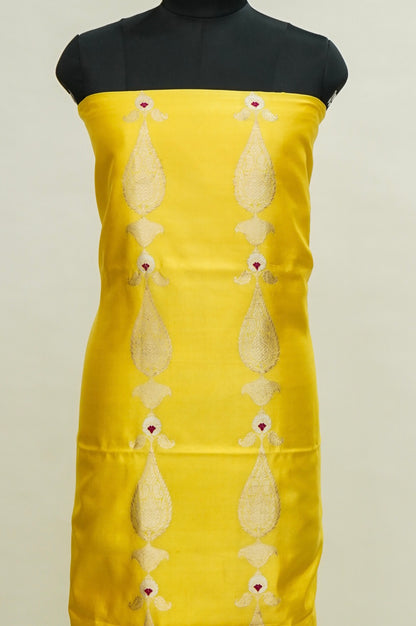 Yellow Handwoven Banarasi Pure Katan Silk Designer Suit with Orange Dupatta