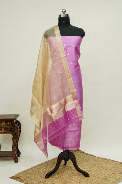 Pink Handwoven Banarasi Pure Katan Silk Meenakari Suit with Beige Dupatta