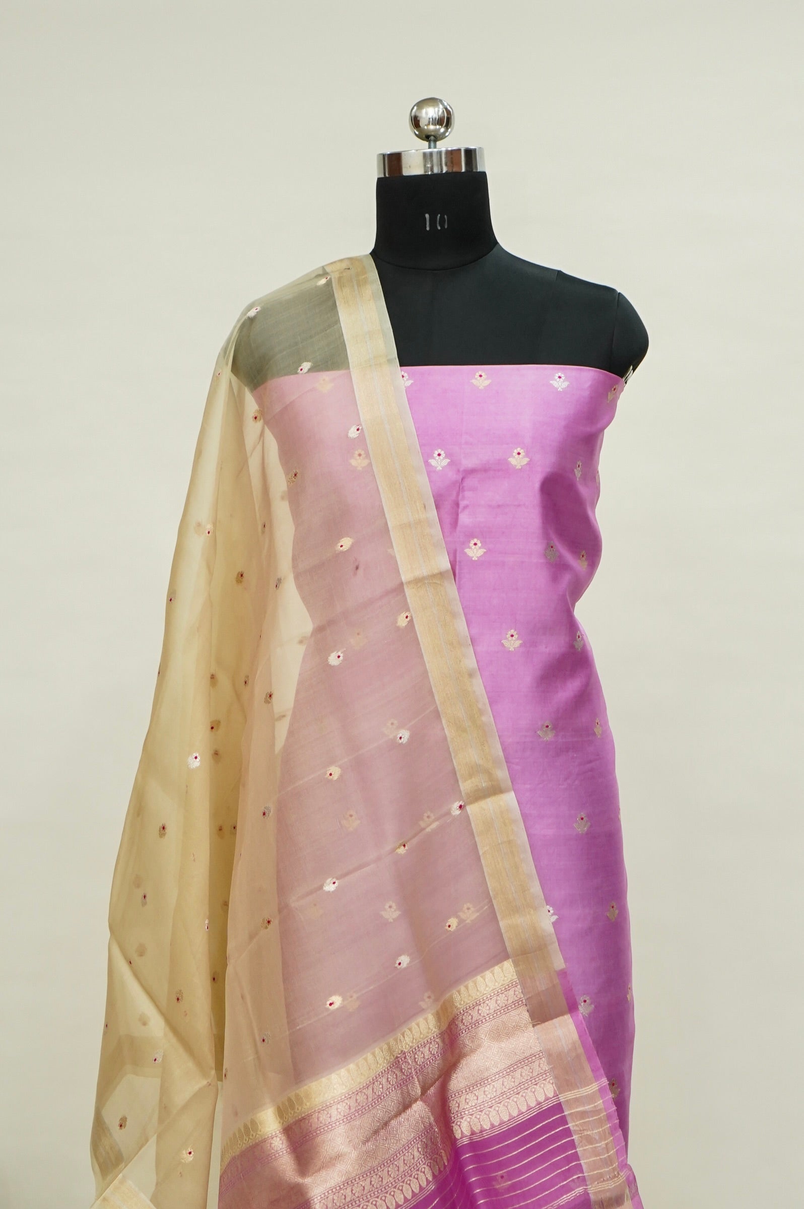 Pink Handwoven Banarasi Pure Katan Silk Meenakari Suit with Beige Dupatta