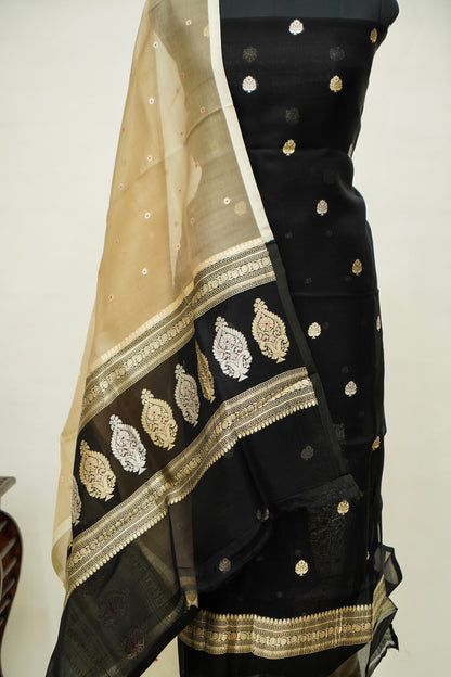 Black Handwoven Organza Suit with Beige Dupatta