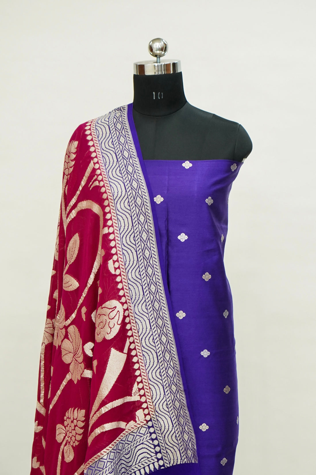 Purple Handwoven Banarasi Pure Katan Silk Suit with Red Dupatta