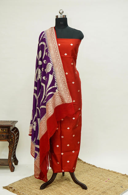 Red Handwoven Banarasi Pure Katan Silk Suit with Purple Dupatta
