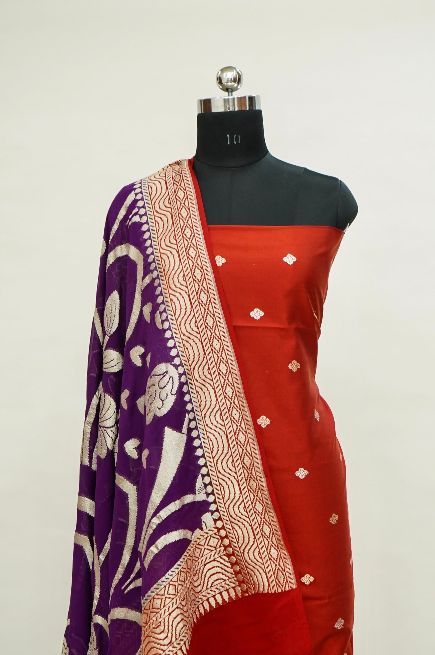 Red Handwoven Banarasi Pure Katan Silk Suit with Purple Dupatta