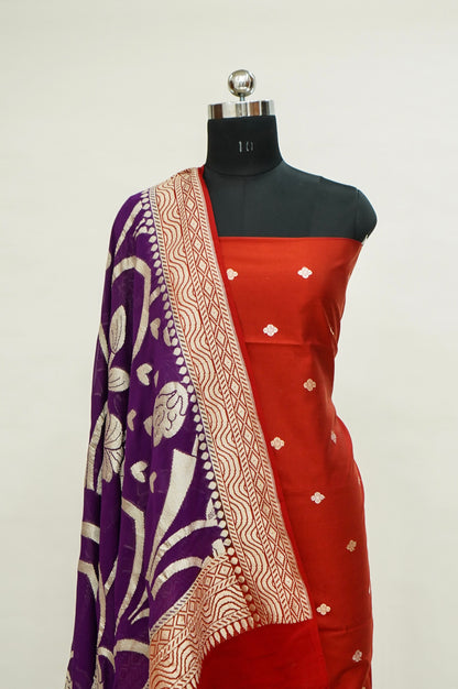 Red Handwoven Banarasi Pure Katan Silk Suit with Purple Dupatta