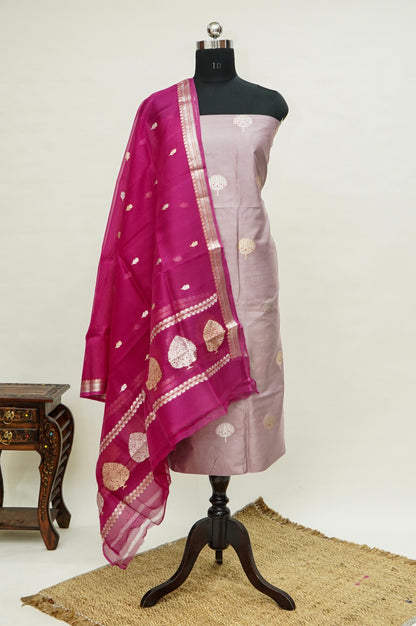 Pastel Handwoven Banarasi Pure Katan Silk Meenakari Suit with Rani Pink Dupatta