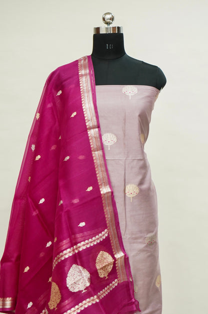 Pastel Handwoven Banarasi Pure Katan Silk Meenakari Suit with Rani Pink Dupatta