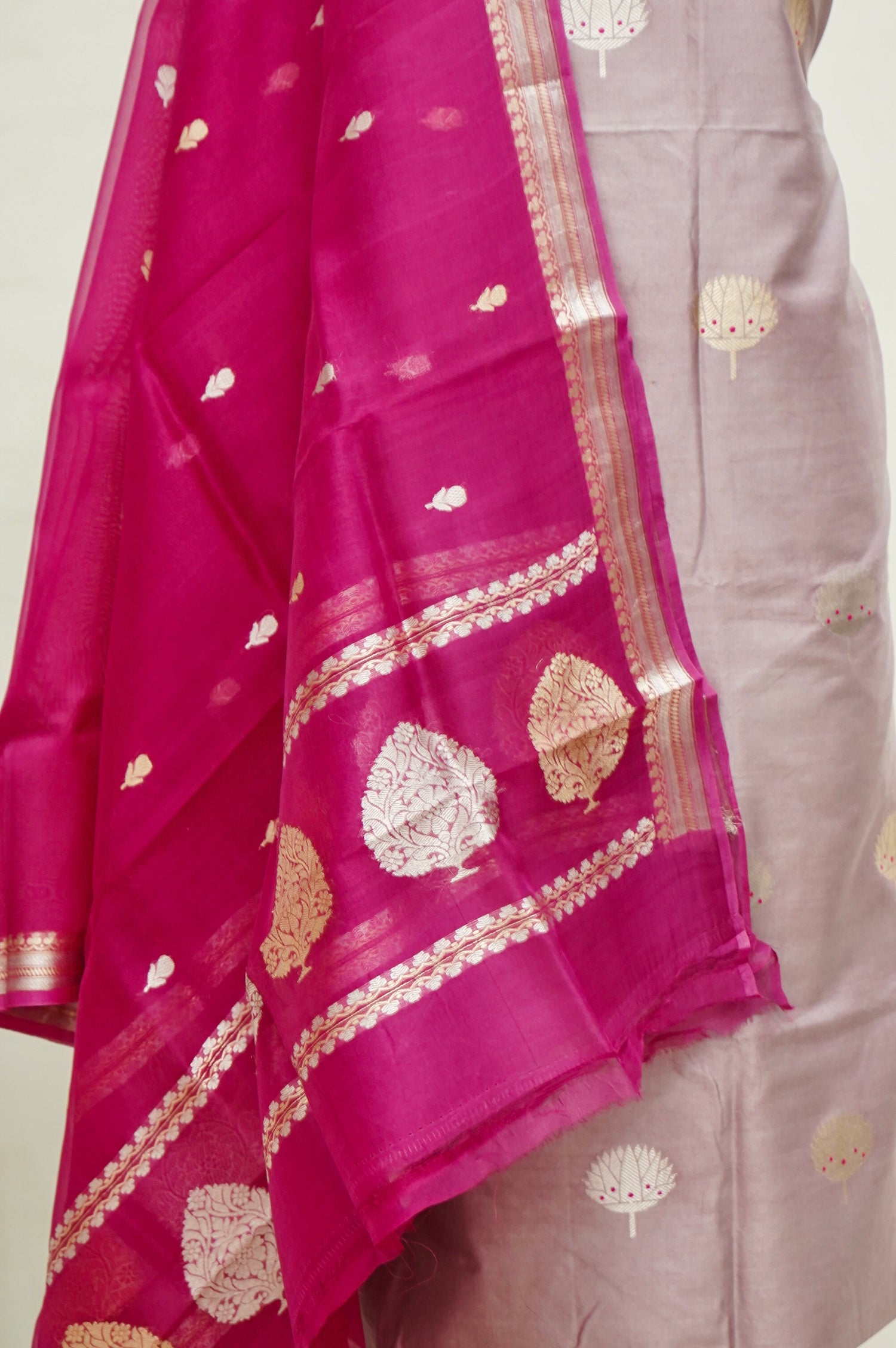 Pastel Handwoven Banarasi Pure Katan Silk Meenakari Suit with Rani Pink Dupatta