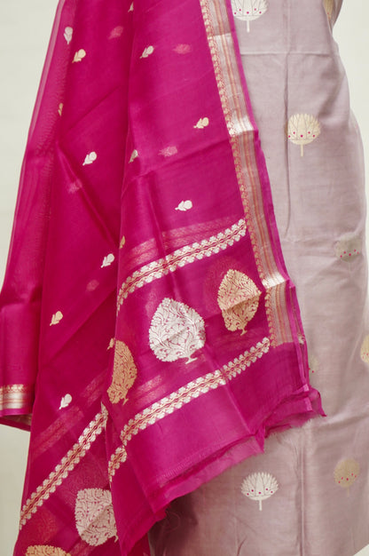 Pastel Handwoven Banarasi Pure Katan Silk Meenakari Suit with Rani Pink Dupatta