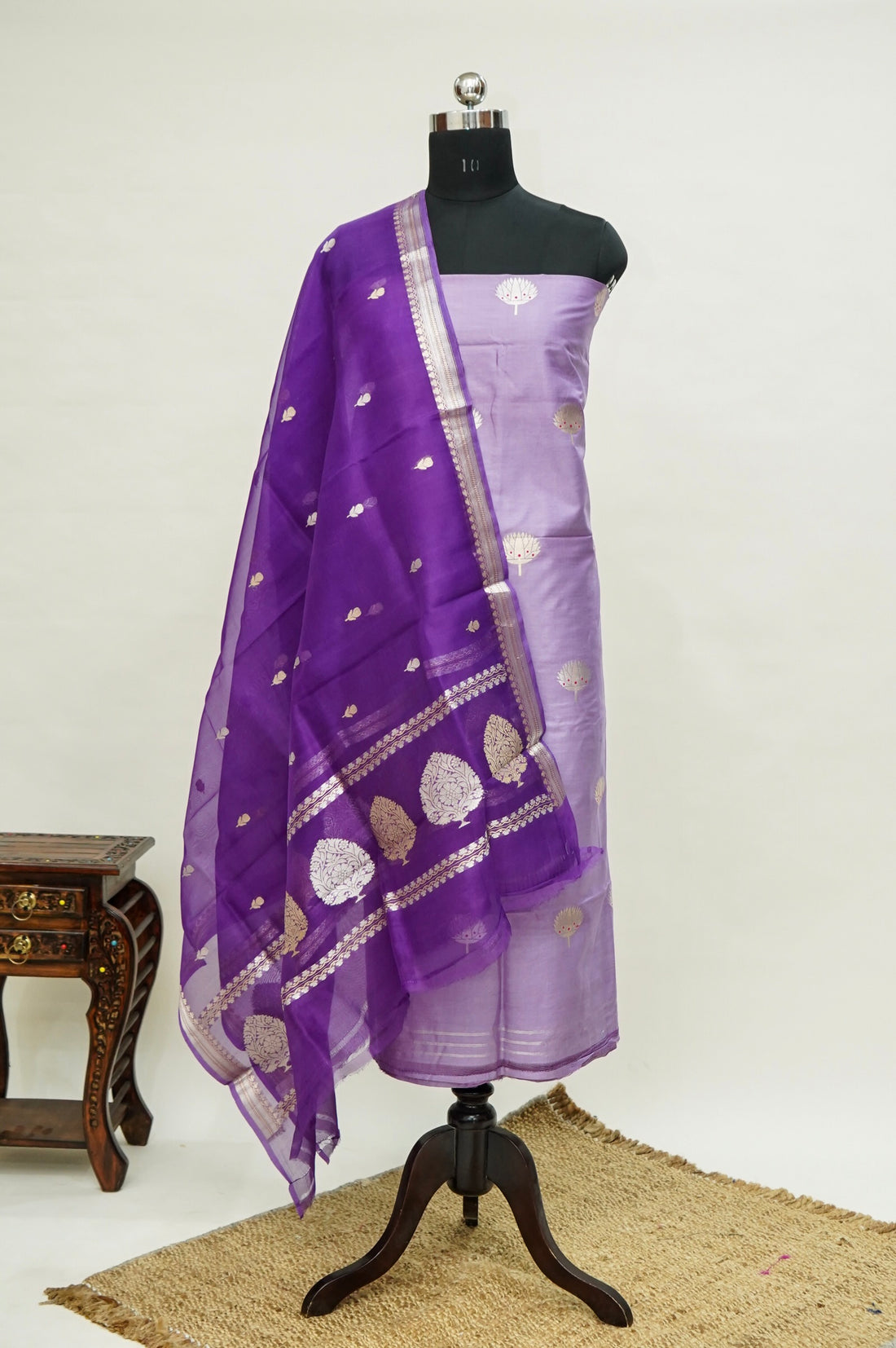 Lilac Handwoven Banarasi Pure Katan Silk Suit with Royal Purple Dupatta
