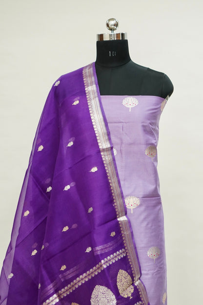 Lilac Handwoven Banarasi Pure Katan Silk Suit with Royal Purple Dupatta