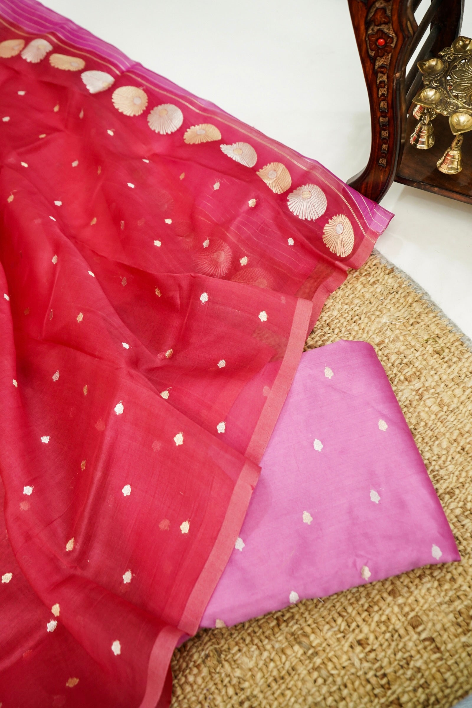 Pink Handwoven Banarasi Pure Katan Silk Meenakari Suit with Red-Pink Dupatta