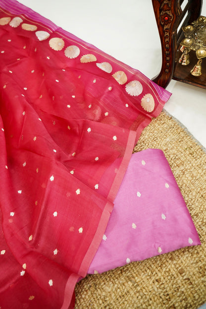 Pink Handwoven Banarasi Pure Katan Silk Meenakari Suit with Red-Pink Dupatta