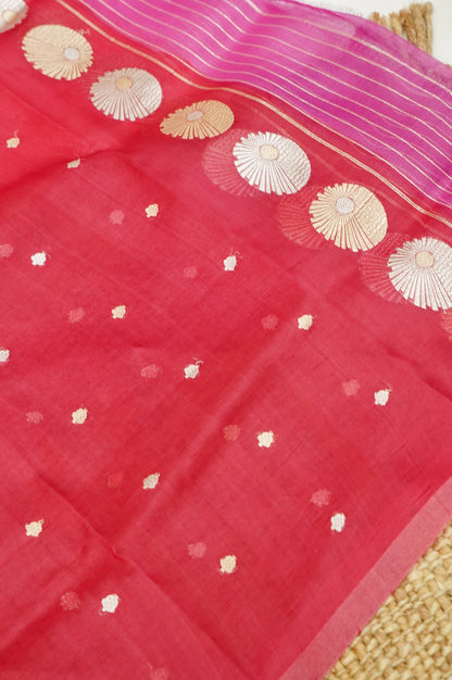 Pink Handwoven Banarasi Pure Katan Silk Meenakari Suit with Red-Pink Dupatta
