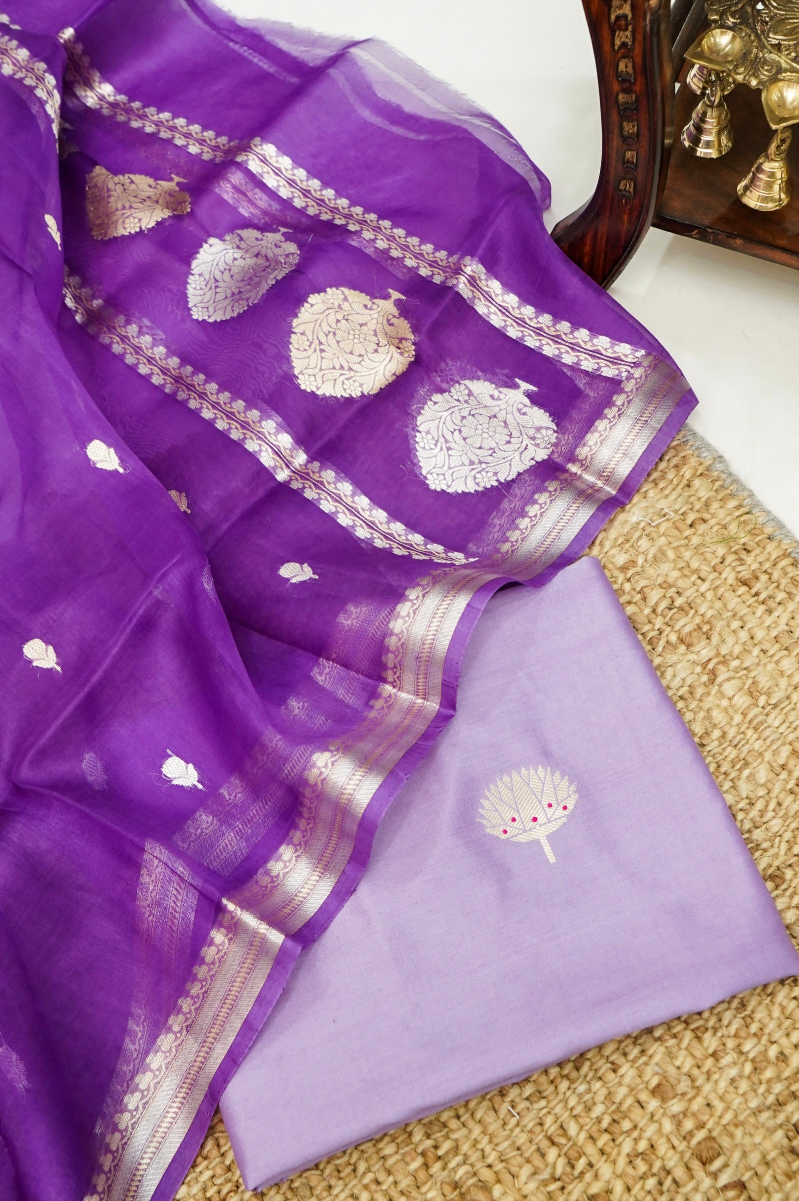 Lilac Handwoven Banarasi Pure Katan Silk Suit with Royal Purple Dupatta