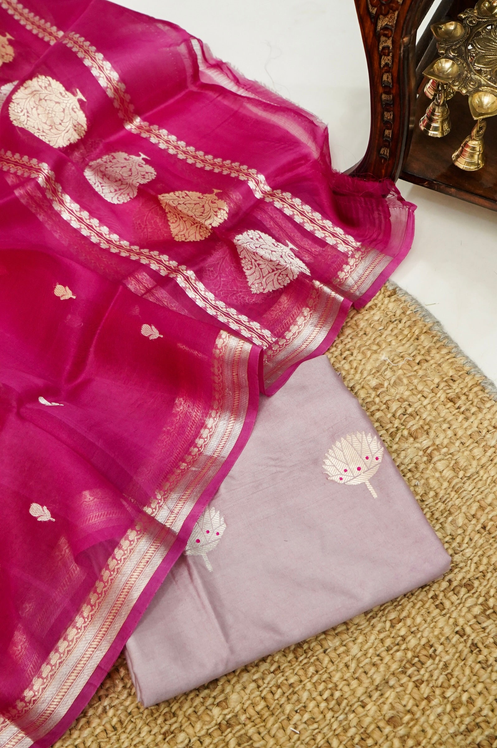 Pastel Handwoven Banarasi Pure Katan Silk Meenakari Suit with Rani Pink Dupatta