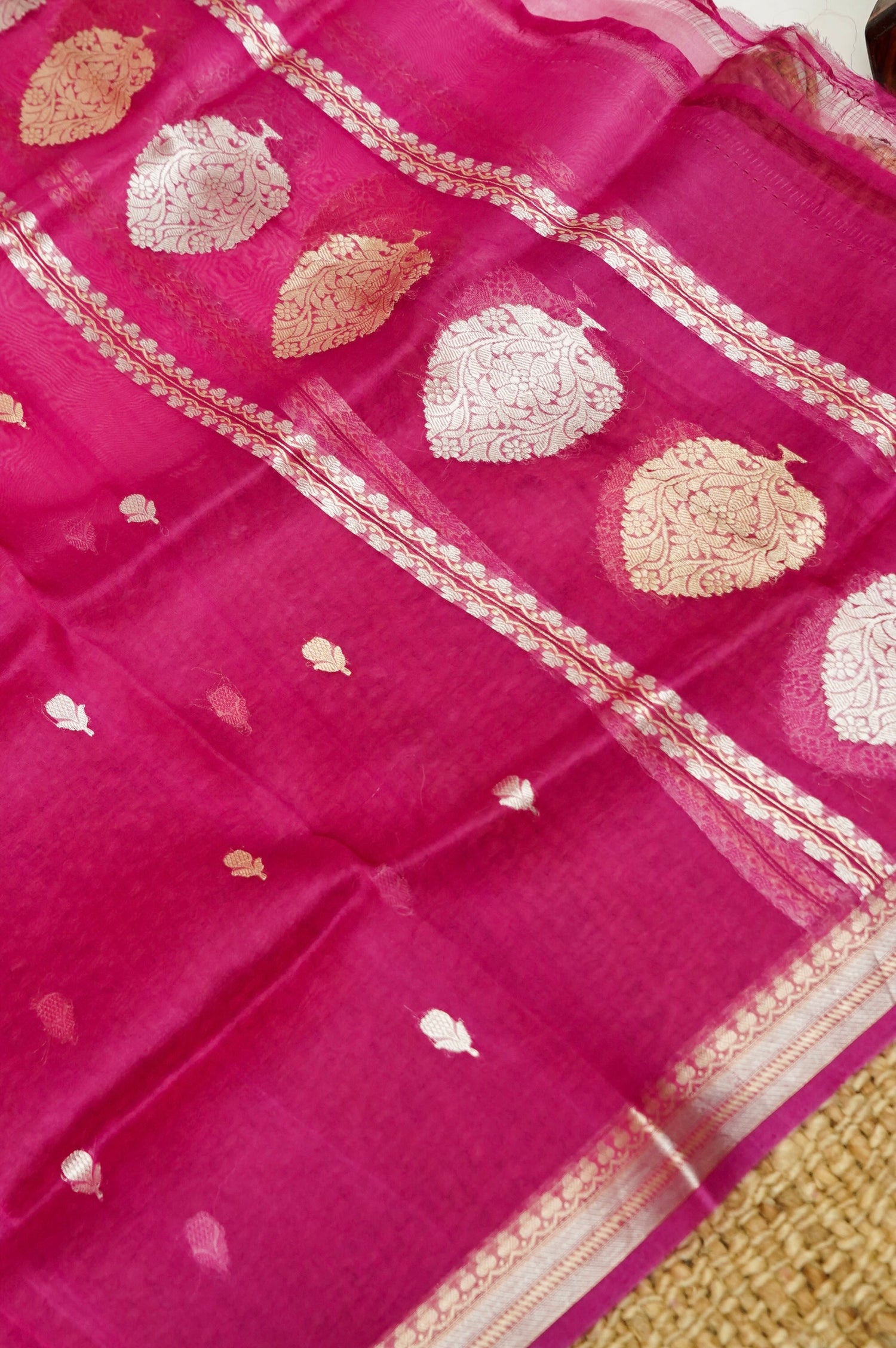 Pastel Handwoven Banarasi Pure Katan Silk Meenakari Suit with Rani Pink Dupatta
