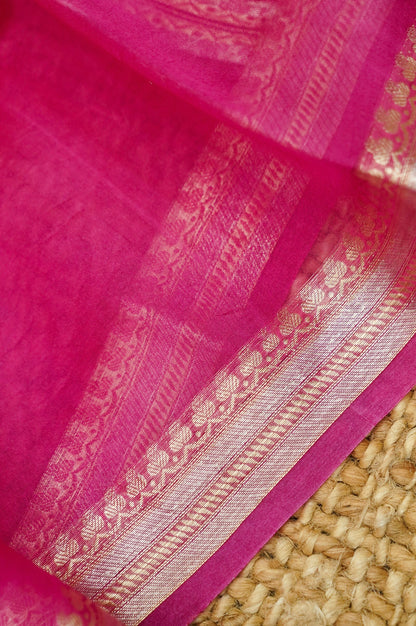 Pastel Handwoven Banarasi Pure Katan Silk Meenakari Suit with Rani Pink Dupatta